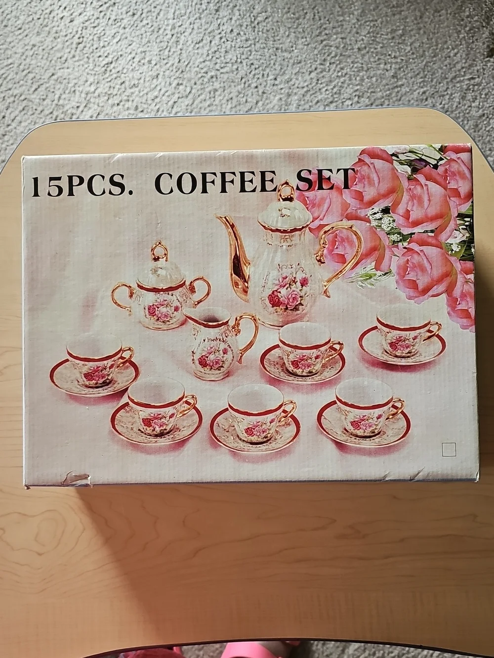 15-Piece Pink Floral Porcelain Coffee Set with Gold Accents